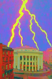 Midjourney generated image using SREF code , , , , , , : A painting of a building with a lightning bolt in the sky.
