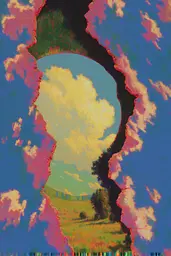 Midjourney generated image using SREF code , , , , , , : A painting of a hole in the sky with clouds in it.