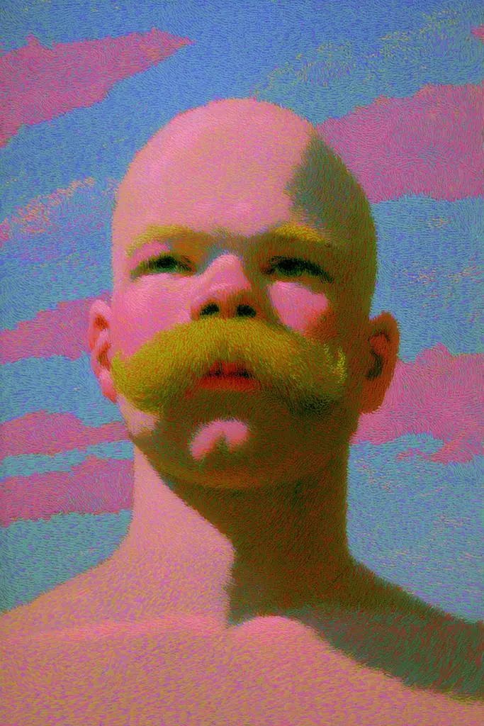 Midjourney generated image using SREF code , , , , , , : A man with a yellow moustache on his face.