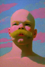 Midjourney generated image using SREF code , , , , , , : A man with a yellow moustache on his face.