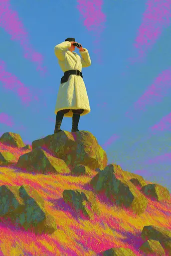 Midjourney generated image using SREF code , , , , , , : A man standing on top of a mountain looking through binoculars.