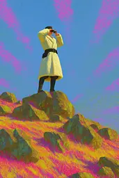 Midjourney generated image using SREF code , , , , , , : A man standing on top of a mountain looking through binoculars.