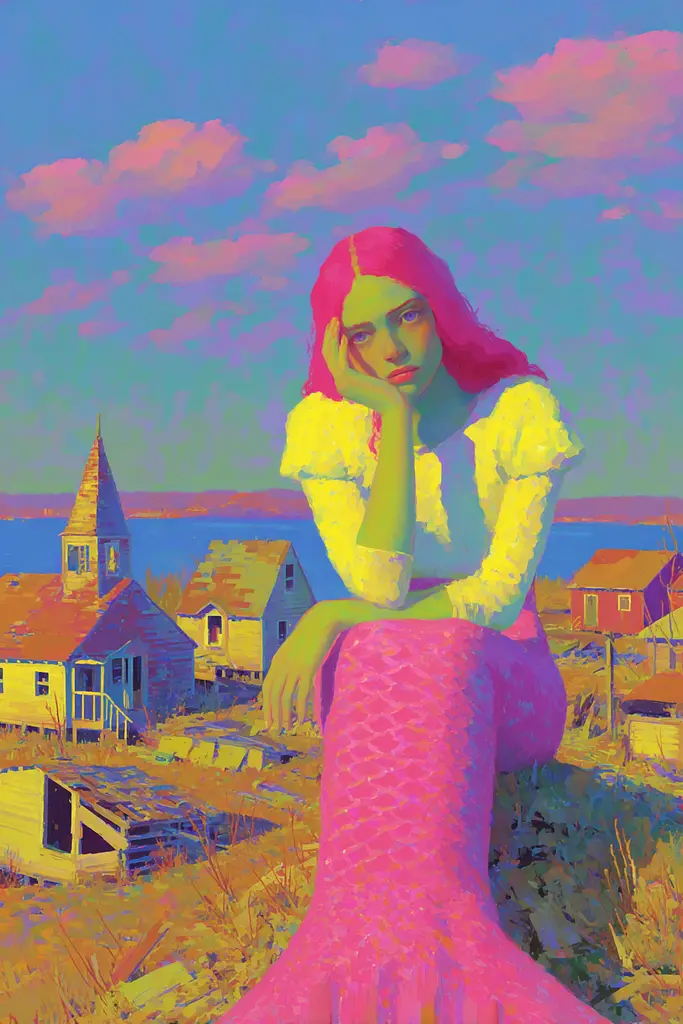 Midjourney generated image using SREF code , , , , , , : A painting of a woman in a pink mermaid tail sitting on a hill.