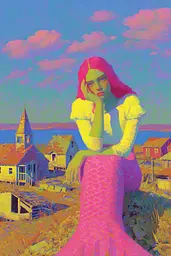 Midjourney generated image using SREF code , , , , , , : A painting of a woman in a pink mermaid tail sitting on a hill.
