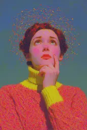 Midjourney generated image using SREF code , , , , , , : A woman in a pink sweater with a yellow turtleneck and a red hat.