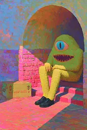 Midjourney generated image using SREF code , , , , , , : A painting of a green monster sitting on a brick wall.
