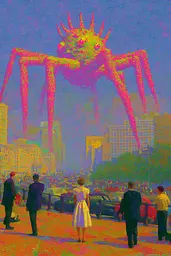 Midjourney generated image using SREF code , , , , , , : A painting of a giant spider in the middle of a city.