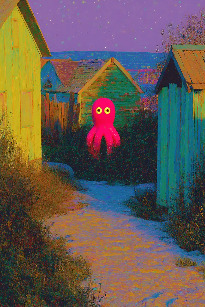 Midjourney generated image using SREF code , , , , , , : A painting of a pink octopus walking down a dirt road.