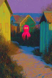 Midjourney generated image using SREF code , , , , , , : A painting of a pink octopus walking down a dirt road.