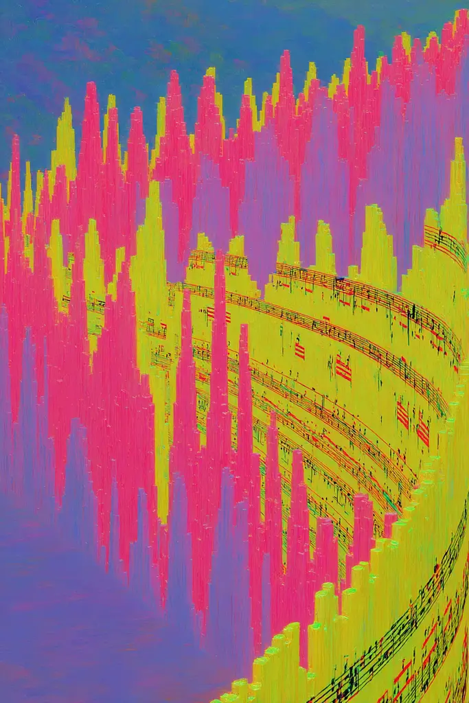 Midjourney generated image using SREF code , , , , , , : A colorful image of a city with music notes.