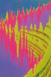 Midjourney generated image using SREF code , , , , , , : A colorful image of a city with music notes.