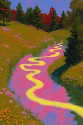 Midjourney generated image using SREF code , , , , , , : A painting of a stream running through a lush green field.