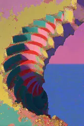 Midjourney generated image using SREF code , , , , , , : A painting of a spiral staircase on a cliff overlooking the ocean.
