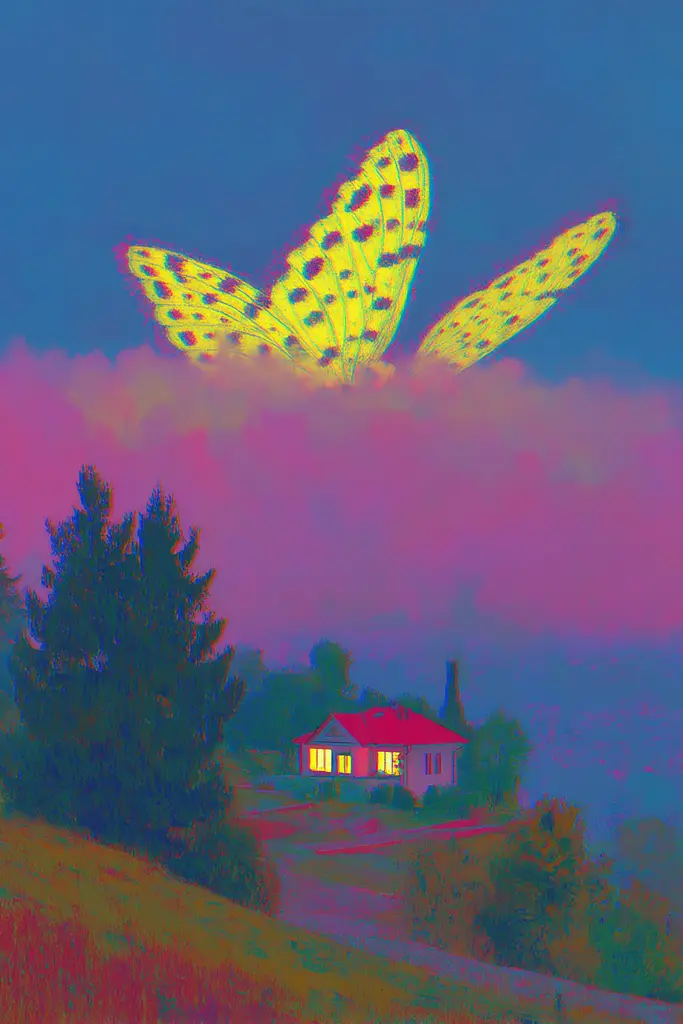Midjourney generated image using SREF code , , , , , , : A painting of a butterfly flying over a house.