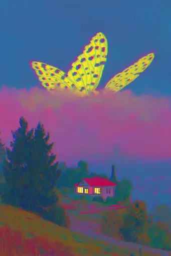Midjourney generated image using SREF code , , , , , , : A painting of a butterfly flying over a house.