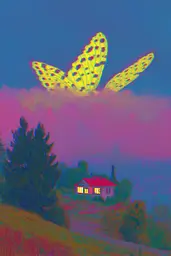 Midjourney generated image using SREF code , , , , , , : A painting of a butterfly flying over a house.