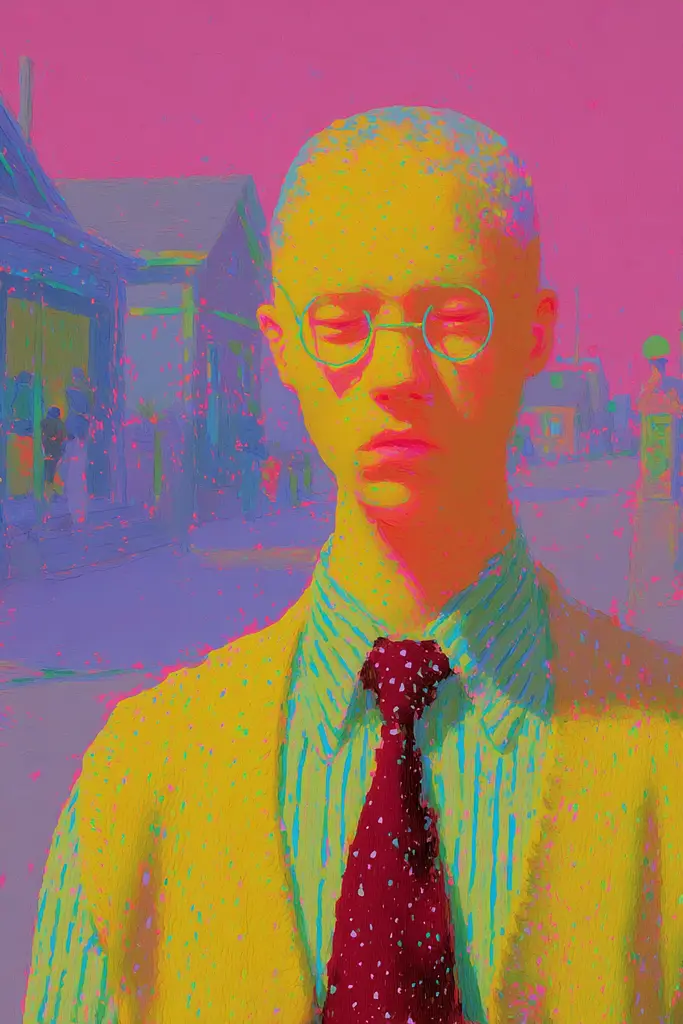 Midjourney generated image using SREF code , , , , , , : A man wearing glasses and a tie standing in front of a building.