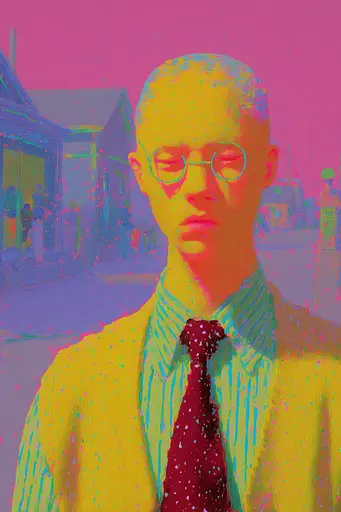 Midjourney generated image using SREF code , , , , , , : A man wearing glasses and a tie standing in front of a building.