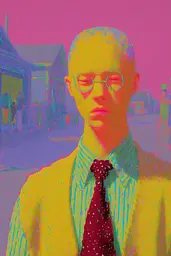 Midjourney generated image using SREF code , , , , , , : A man wearing glasses and a tie standing in front of a building.