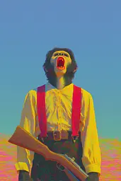 Midjourney generated image using SREF code , , , , , , : A man in a yellow shirt and red suspenders holding a rifle.
