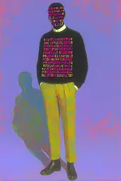 Midjourney generated image using SREF code , , , , , , : A man in a black shirt and yellow pants standing in front of a purple background.