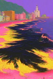 Midjourney generated image using SREF code , , , , , , : A painting of a beach with a church in the background.
