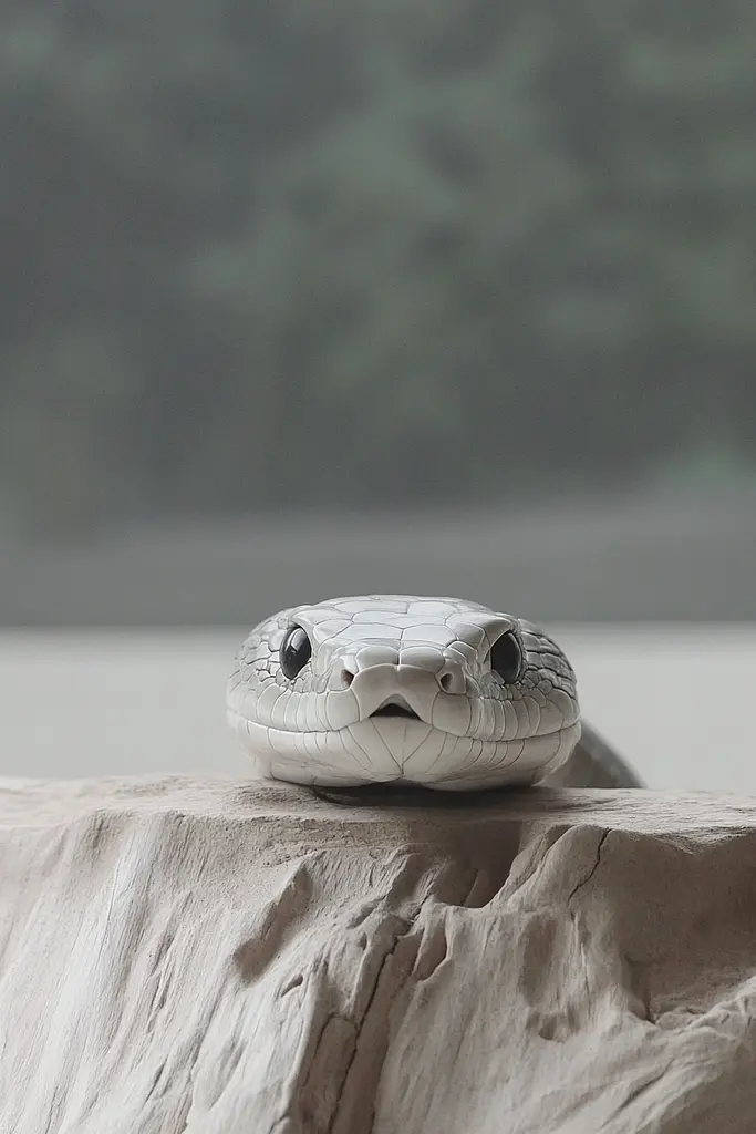 Midjourney generated image using SREF code Ethereal Essence: A white snake sitting on top of a rock.