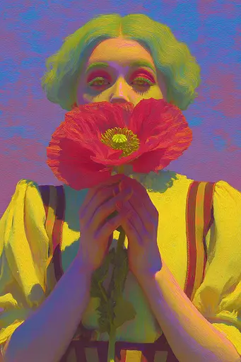 Midjourney generated image using SREF code , , , , , , : A woman holding a red flower in front of her face.