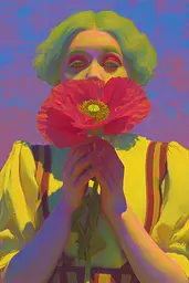 Midjourney generated image using SREF code , , , , , , : A woman holding a red flower in front of her face.