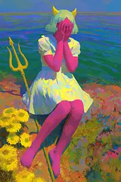 Midjourney generated image using SREF code , , , , , , : A painting of a girl sitting on a beach with a trident.