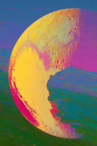 Midjourney generated image using SREF code , , , , , , : A painting of a half moon with a pink and yellow background.
