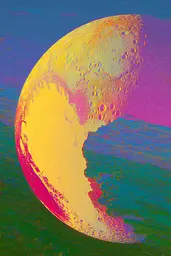 Midjourney generated image using SREF code , , , , , , : A painting of a half moon with a pink and yellow background.