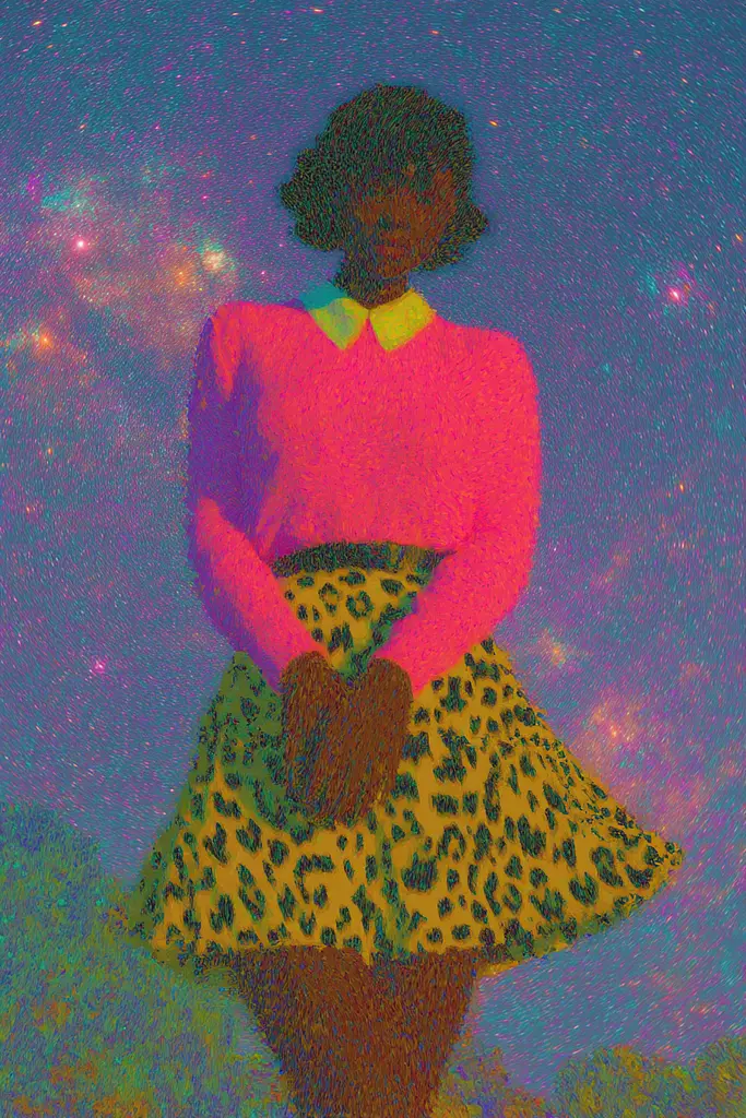 Midjourney generated image using SREF code , , , , , , : A woman in a pink sweater and leopard print skirt.