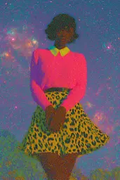 Midjourney generated image using SREF code , , , , , , : A woman in a pink sweater and leopard print skirt.