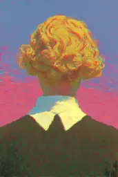 Midjourney generated image using SREF code , , , , , , : A painting of a woman with blonde hair and a white collar.