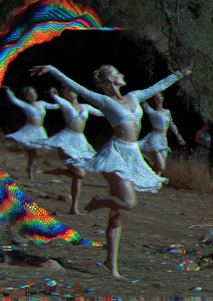 Midjourney generated image using SREF code , , , , , , : A group of dancers are dancing in the desert.