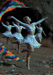 Midjourney generated image using SREF code , , , , , , : A group of dancers are dancing in the desert.