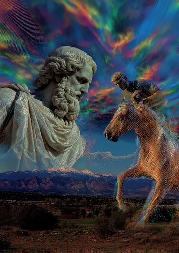 Midjourney generated image using SREF code , , , , , , : A statue of a man riding a horse in a field.