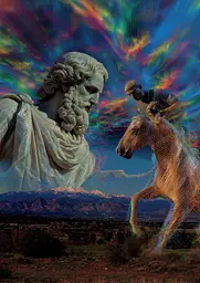 Midjourney generated image using SREF code , , , , , , : A statue of a man riding a horse in a field.
