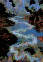 Midjourney generated image using SREF code , , , , , , : A picture of a river flowing through a rocky area.