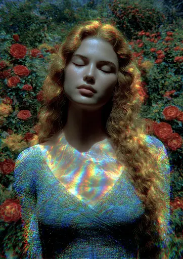 Midjourney generated image using SREF code , , , , , , : A woman with long red hair standing in front of a field of flowers.