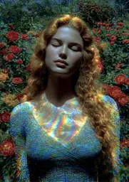 Midjourney generated image using SREF code , , , , , , : A woman with long red hair standing in front of a field of flowers.