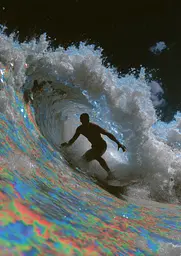 Midjourney generated image using SREF code , , , , , , : A man riding a wave on top of a surfboard.