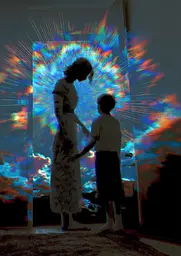 Midjourney generated image using SREF code , , , , , , : A woman and a child standing in front of a window.