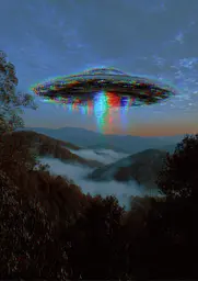 Midjourney generated image using SREF code , , , , , , : A rainbow colored ufo flying over a mountain range.