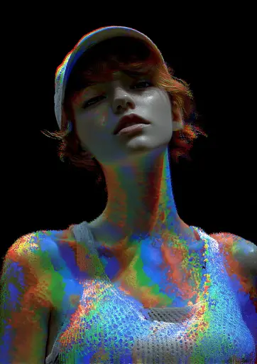 Midjourney generated image using SREF code , , , , , , : A woman with a hat on her head is covered in paint.
