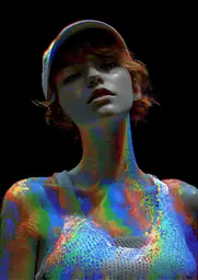 Midjourney generated image using SREF code , , , , , , : A woman with a hat on her head is covered in paint.