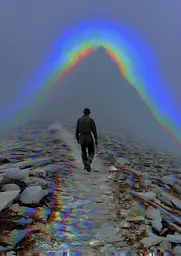 Midjourney generated image using SREF code , , , , , , : A man walking down a rocky path with a rainbow in the background.