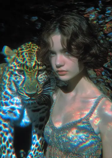 Midjourney generated image using SREF code , , , , , , : A woman in a dress standing next to a leopard.