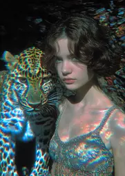 Midjourney generated image using SREF code , , , , , , : A woman in a dress standing next to a leopard.